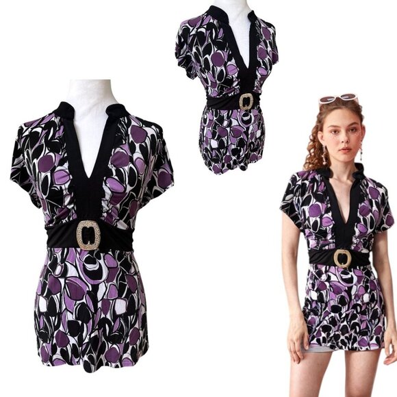 Y2K VINTAGE BELTED BOW TIE PURPLE GRAPHIC COCOMO BLOUSE TOP MEDIUM - Picture 2 of 3